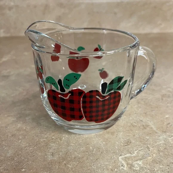 Vintage Clear Glass Creamer with Red Plaid Apples