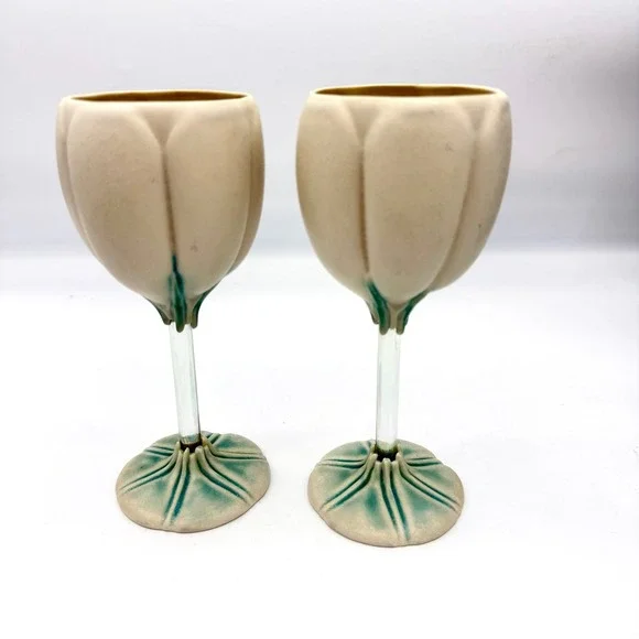 Newman Ceramic Works Wine Goblets Pair Ceramic Glass‎ Artisan Cream Iridescent
