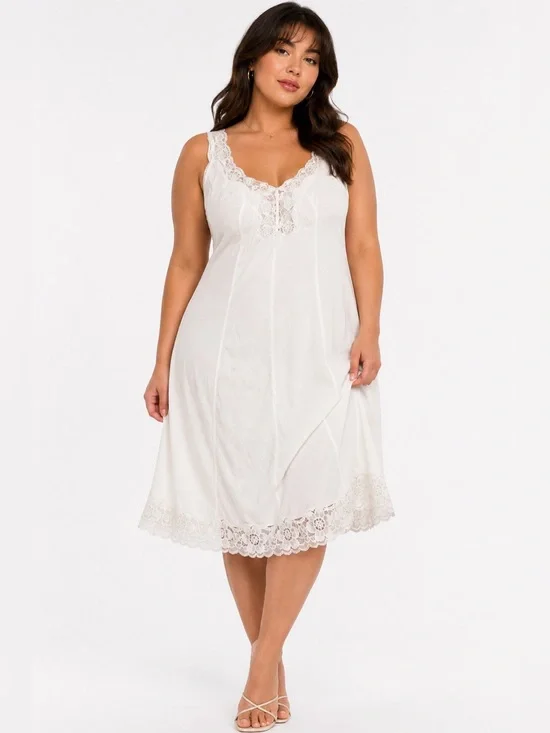 60s/70s European Vintage Silky Floral Lace Trim Midi Slip Dress (Ivory) Size L