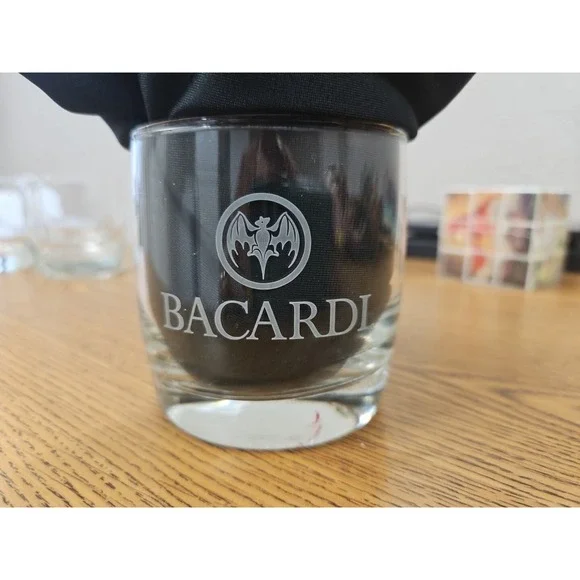 Vintage Bacardi Rum Whiskey Lowball Etched‎ Bat Logo Glass 3