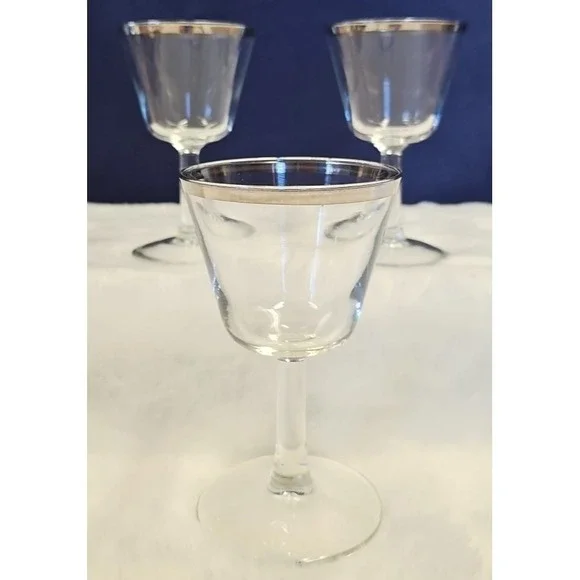 3 Made in France Wine Glasses Silver Rim Footed Stemware‎
