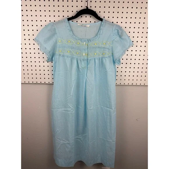 Vtg Katz Blue House Dress Embroidered Lace Puff‎ Sleeve Cottagecore Grannycore