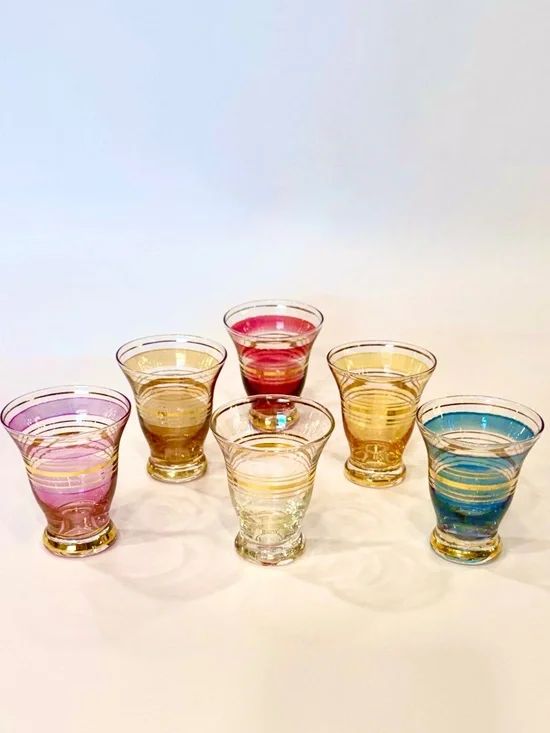 Vintage 6 MCM 1950's Multi-Colored Pastel Gold Striped Hand-Blown Shot Glasses