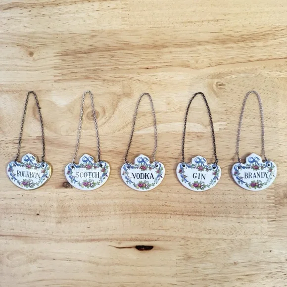 Set Of 5 Vintage Crown Staffordshire England Bone China Bottle Decanter Tags Bow