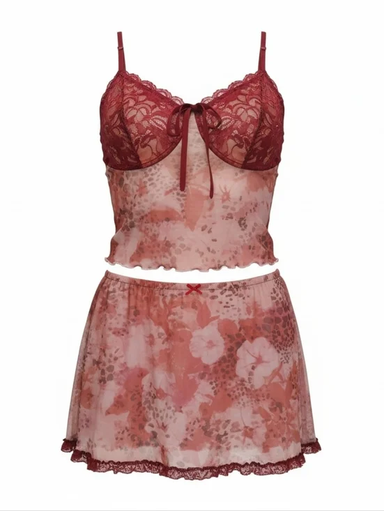 Cider 3xl 2 Piece Lingerie Set Floral Lace Mesh Bralette Mini Skirt NWT