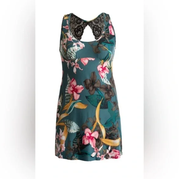 Green floral Knee-Length Scoop Neck Lace back Slip on sleep chemise gown size 3X