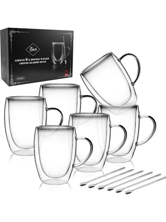 6 Pack Double Walled Borosilicate Glass Coffee Mugs - 12oz Insulated Drinkware
