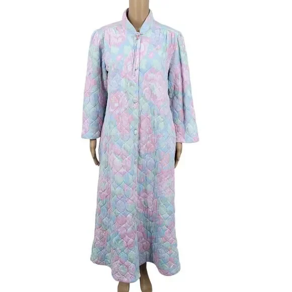 Miss Elaine Vintage Button Down Floral Quilted Robe Pastel