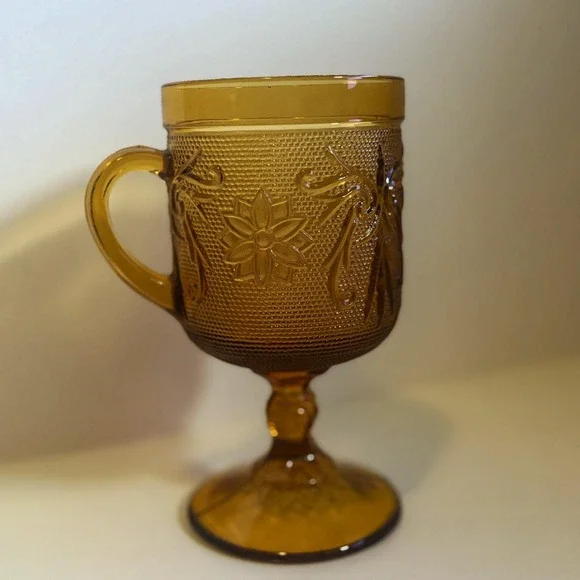 Vintage Tiara Amber Indiana Sandwich Pattern Glass Handled Goblet