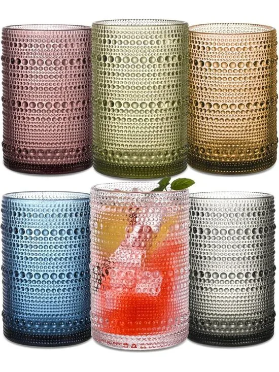 Vintage Colored Hobnail Highball Glasses Set of 6, 15 oz Drinkware for
