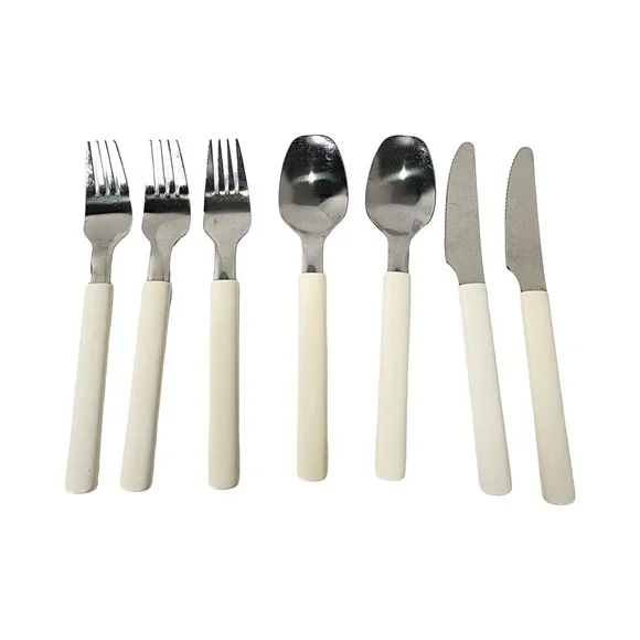 Vintage Stainless Steel Utensil Set Cream Handle 3 Forks 2 Spoons 2 Knives‎