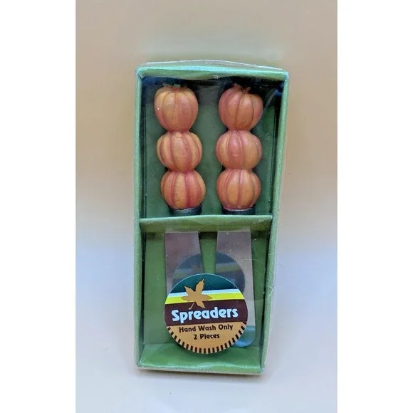 Vintage Set 2 Stainless Steel Cheese Spreaders Stacked Pumpkins NIB