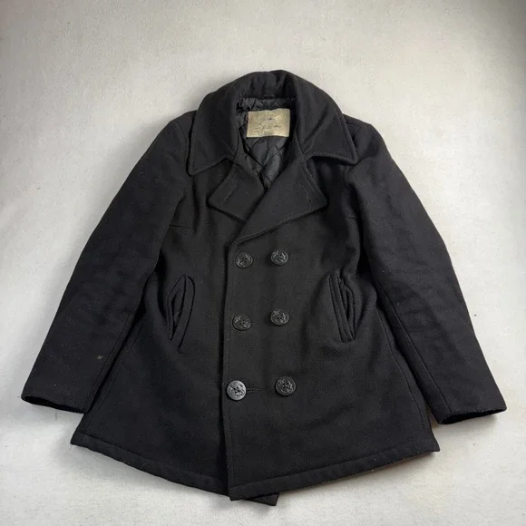 USN Woolrich Navy Pea Coat Black‎ Wool Double Breasted Anchor Button Size M