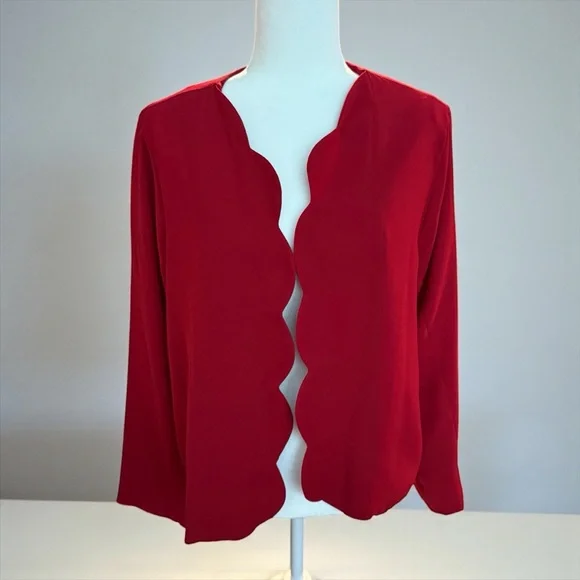 Scallop-Trim Open-Front Red Blazer