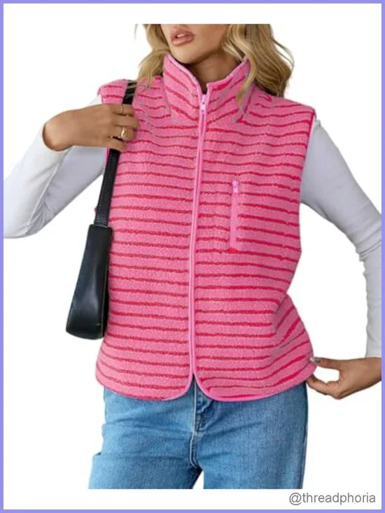Women's Striped Fleece Sleeveless Vest High Neck Zipper Sherpa-Lined Pockets