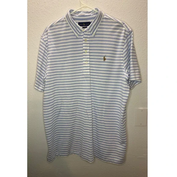 Ralph‎ Lauren Knit Oxford Polo Shirt Mens XL Blue White Striped Short Sleeve