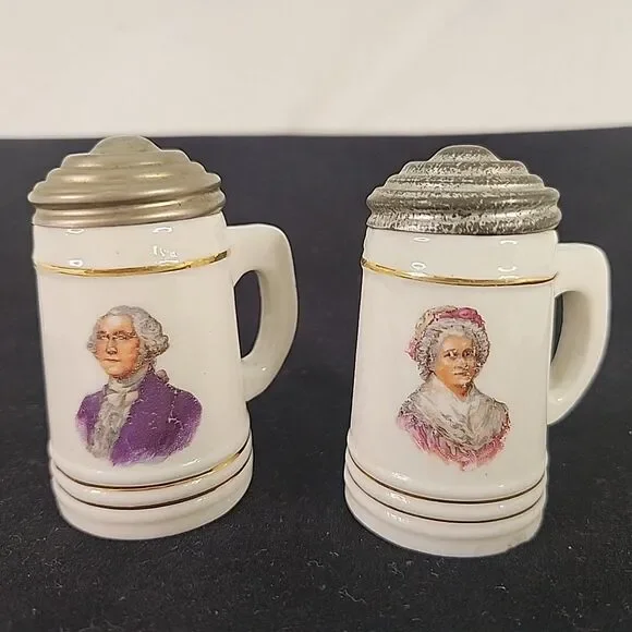 Salt & Pepper Shakers Metal Lid George & Martha Washington Colonial Stein Design