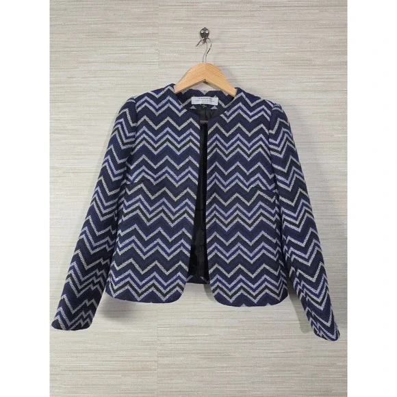 Tahari Arthur S. Levine Blazer Jacket Womens 2P Blue Black Chevron Open Front