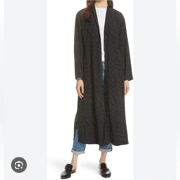 Eileen Fisher Black and White Speck Morse Code Duster Wrap Kimono Cardigan