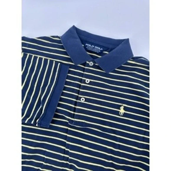 Polo Golf Ralph Lauren Medium‎ Navy Yellow Striped Polo Shirt Men's Short Sleeve