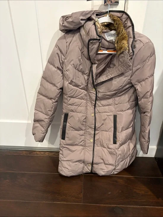 Cole Haan Women's Tan Quilted Puffer Coat with Faux Fur Hood