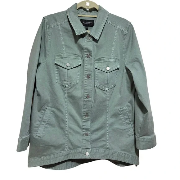 Liverpool Los Angeles Sage Green High Low Stretch Denim Jacket 1X