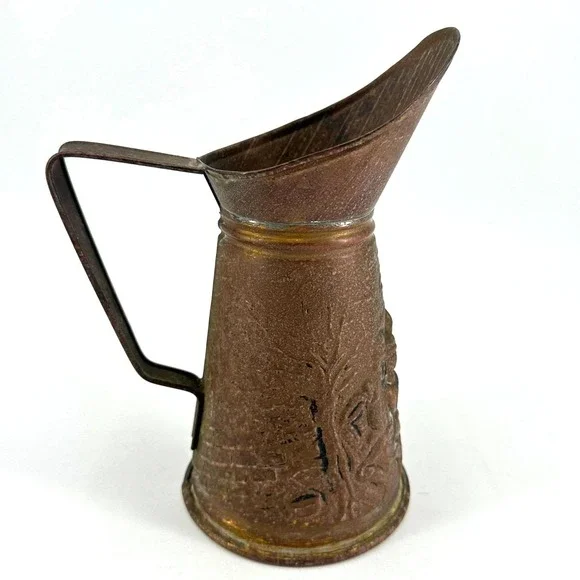 Vintage Embossed Copper Pitcher Tavern Scene Rustic Decorative Patina Metal‎ Jug