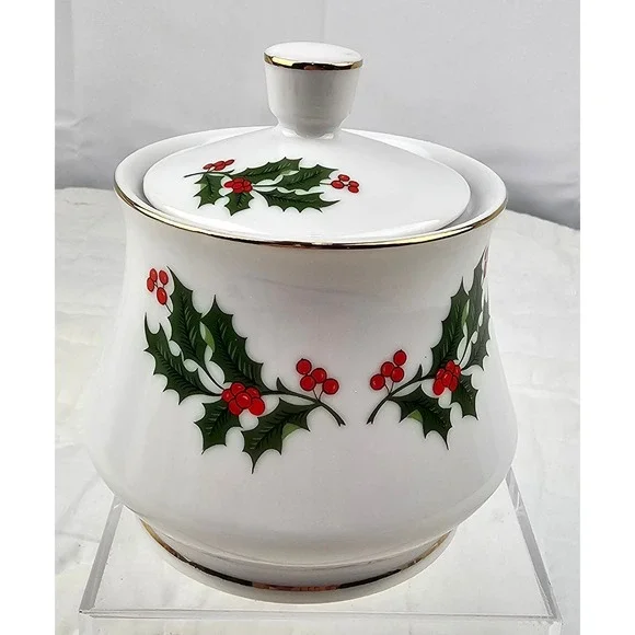 Christmas Holly Fine‎ Porcelain Sugar Bowl Japan Gold Trim Holiday Decor