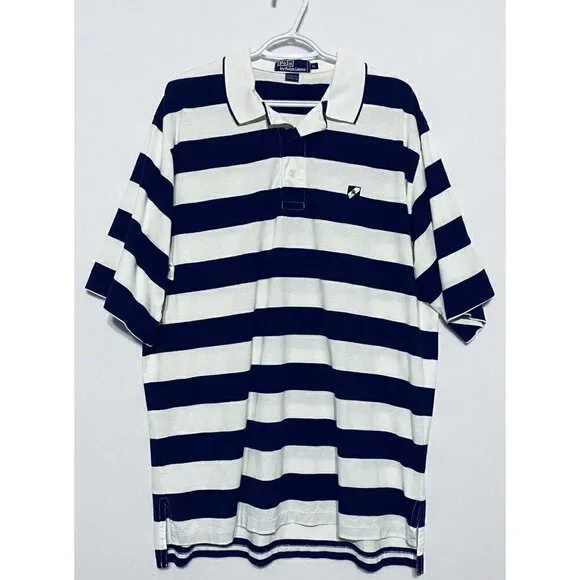 Vintage 90s Polo Ralph Lauren Mens Size XL Blue Wide Striped Polo Shirt RL Crest