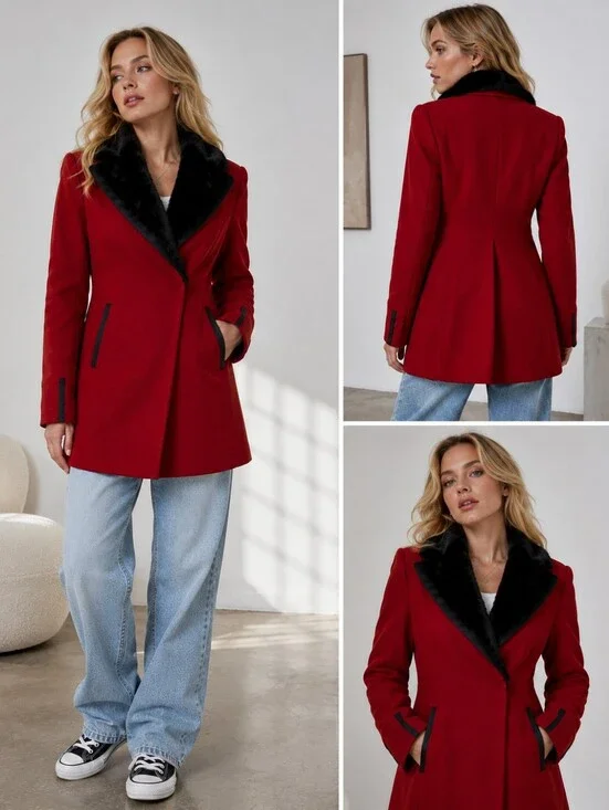 Blu Pepé | Faux Fur Wool Coat red Pea Coat medium