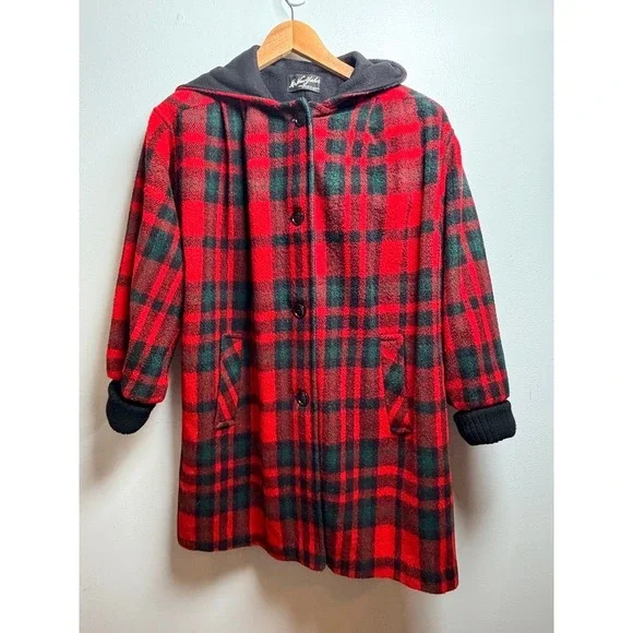 Ms New Yorker Vintage Hooded Plaid Coat Red Green Tartan Button Front Rib Cuffs