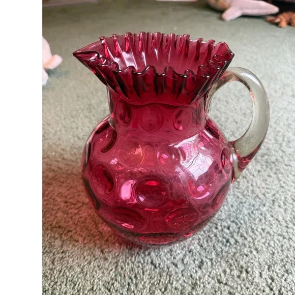 Fenton Cranberry Glass Pitcher Thumbprint Coin Dot Ruffled Rim Clear Handle