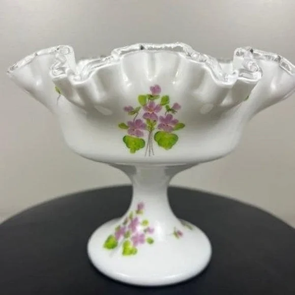 Fenton Milk Glass Violets in the Snow Ruffled Silver Crest Pedestal Compote Bowl
