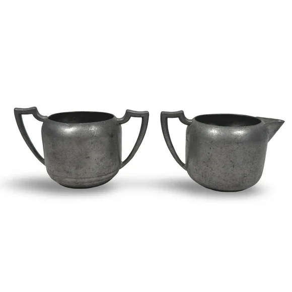 Antique Old English Pewter Creamer and Sugar Bowl Set Primitive‎ Angular Handles