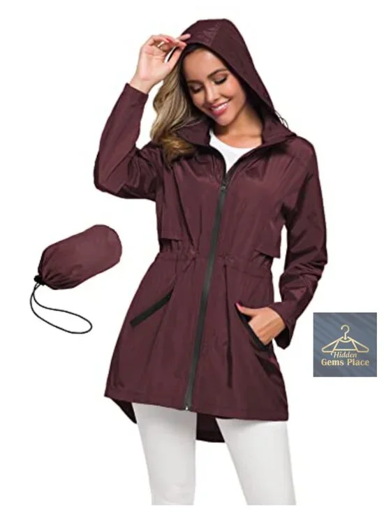 Women's Long Raincoat with Hood Lightweight Waterproof Rain Jacket Travel