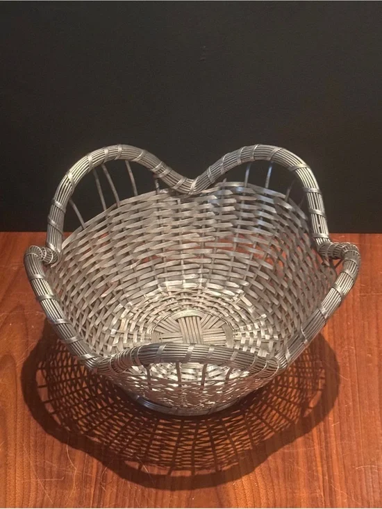 Vintage French Scalloped Silver Tone Woven Metal Basket Decorative Centerpiece
