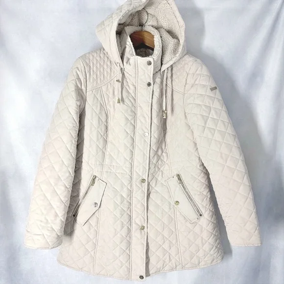 Laundry by Shelli Segal Cream Quilted Hooded Mid-Length Jacket Women's Size XL
