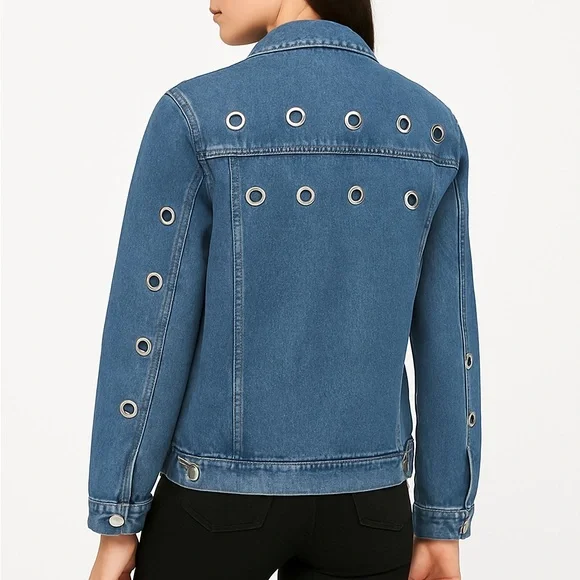 Love Tree Oversized Denim Jacket with Silver Grommets | Medium Wash | Size Small