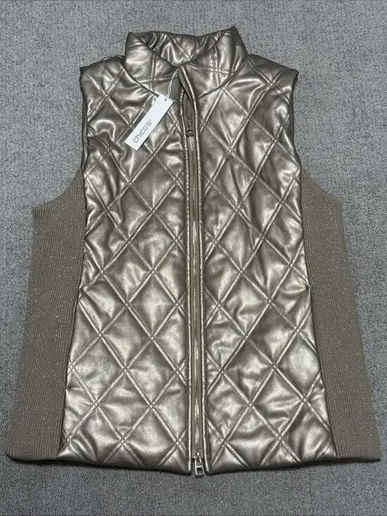 Chico's gold metallic diamond-quilted puffer vest Sparkly Side Panels Medium NWT