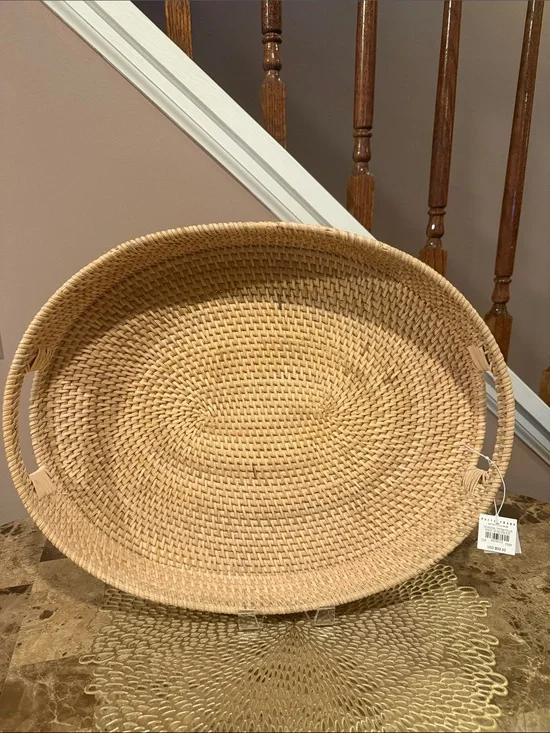 Pottery Barn Tava Natural Handwoven Oval Tray with Side Handles