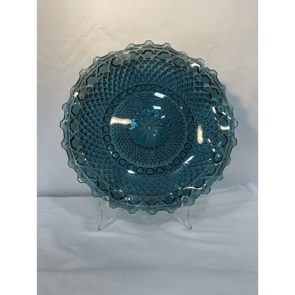 Iridescent Blue Carnival Glass Ruffled Edge Starburst Diamond Dish Plates  (2pc)