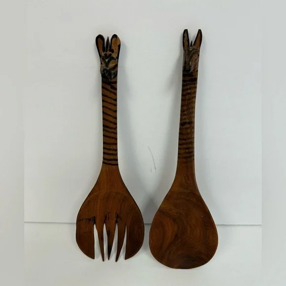 African Safari Giraffe Ladle and Fork Hand Carved Teak/ vintage