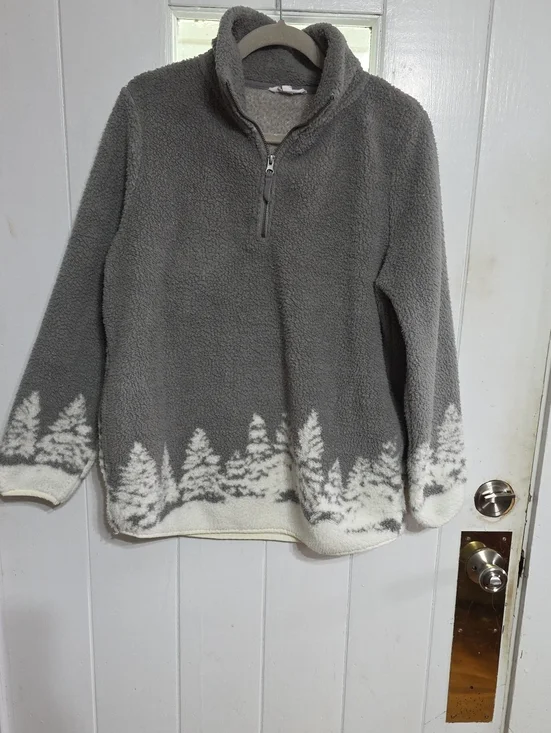 Olive & Oak Women's Fleecy Jacket Pullover 1/4 Zip Gray W/White Trees Pockets XL