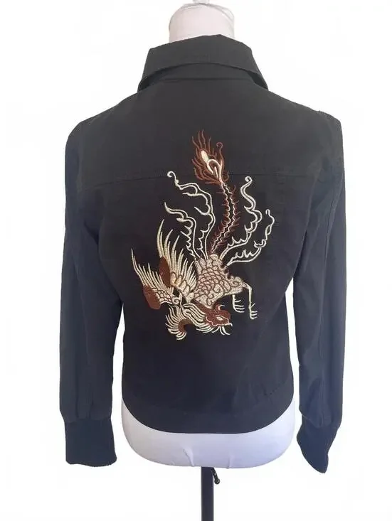 Embroidered Phoenix Black Moto Jacket S Y2K Streetwear Tattoo Grunge Indie