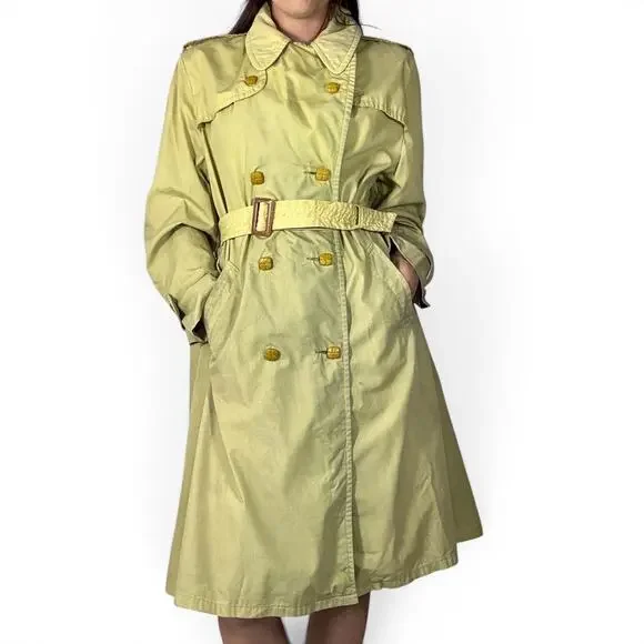 Vintage 1980s Hand Dyed Ombre Dip Dye Trench Coat Yellow Green Double Breasted