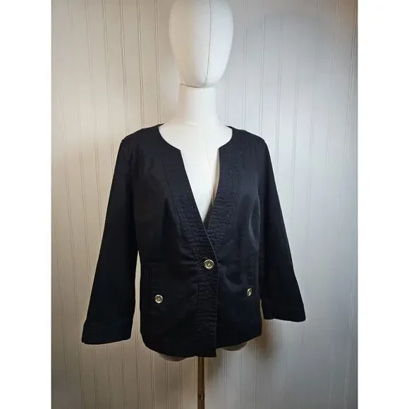 Talbots Black Canvas Blazer Women’s Size 12 Military Short Career Preppy‎