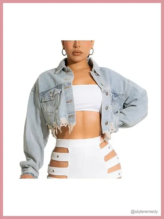 Women's Cropped Denim Jacket Distressed Ripped Frayed Hem Long Sleeve Button Up