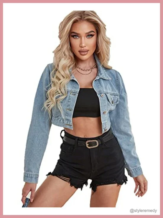 Cropped Denim Jacket Women Button Up Ripped Frayed Distressed Vintage