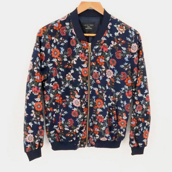 Floral Bomber Jacket Womens Size S Navy Blue Full Zip Pockets Streetwear Indie