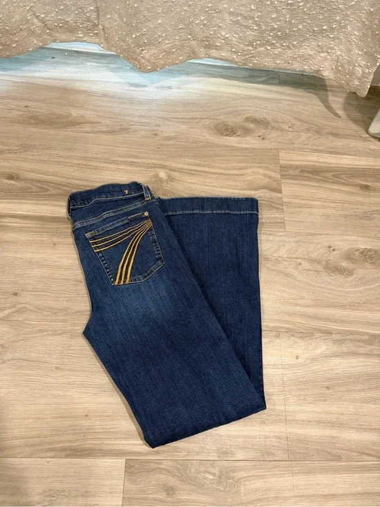 7 For All Mankind Dark Blue Wide Leg Jeans with Gold Stitching